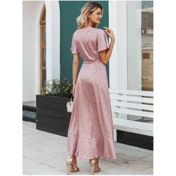 Simplee Dusty Pink Leopard Asymmetrical Ruffle Hem Wrap Belted Satin Dress Sz L - Picture 5 of 14